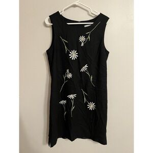 Vintage 90s Ultra Dress New York Black Dress Embroidered Flowers Linen Size 12